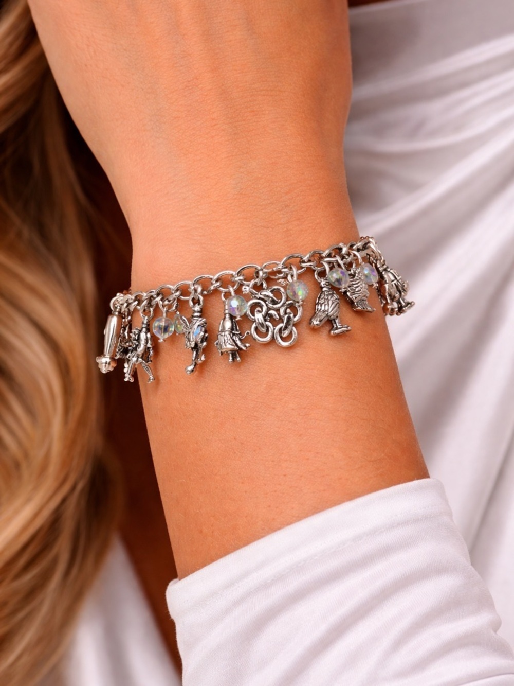 Vintage Silver Tone Charm Bracelet – Fairy Tale Whimsical Charms Crystal
